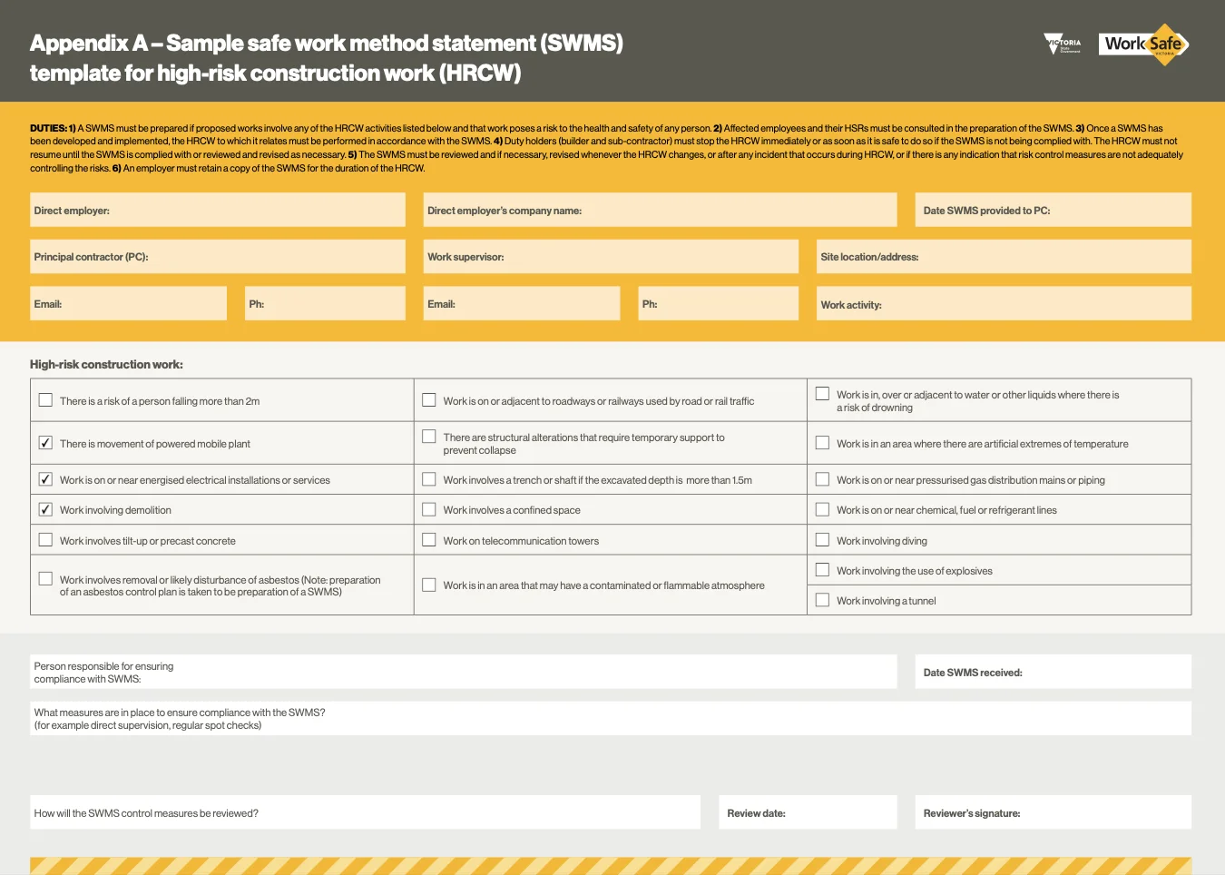 WorkSafe Victoria SWMS template: project details and high-risk construction work checklist