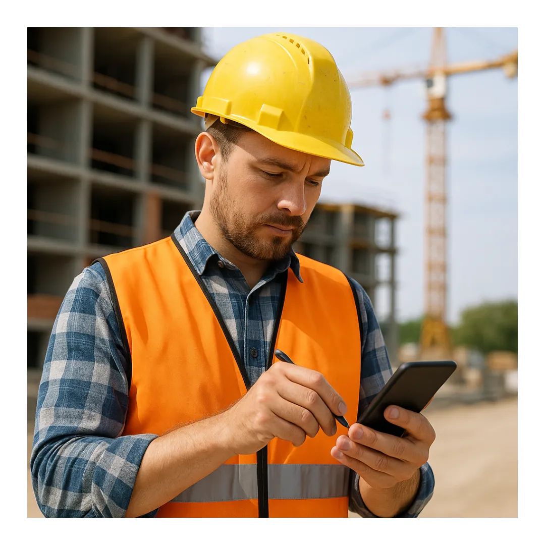 Construction worker filling in a SWMS on a mobile phone on site